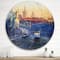 Designart - Blue Tram At Sunset With Church During Sunset - Nautical & Coastal Metal Circle Wall Art